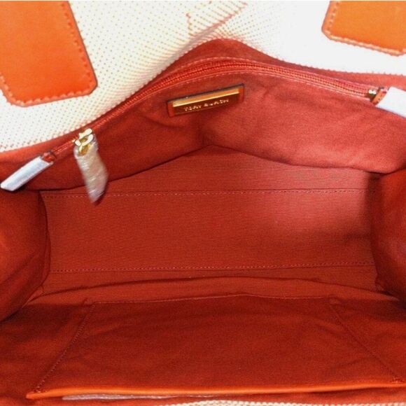 TORY BURCH Handbag Ella Vermilion Canvas x Leather Big Logo Genuine Product - Picture 3 of 10